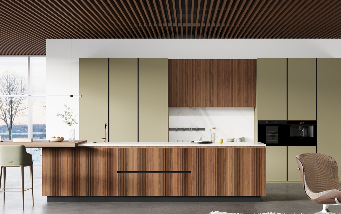 modern kitchen display featuring plywood, mdf, and solid wood cabinets by ais