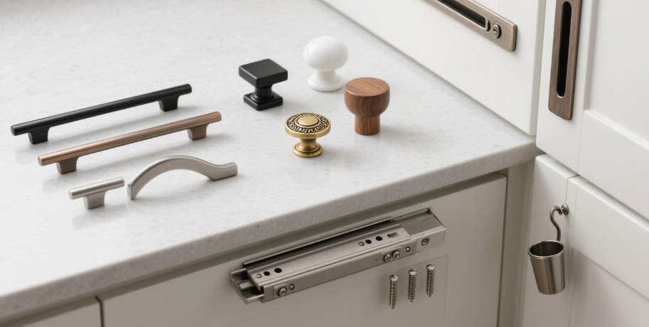variety of kitchen cabinet handles including bar pulls, knobs, and concealed pulls