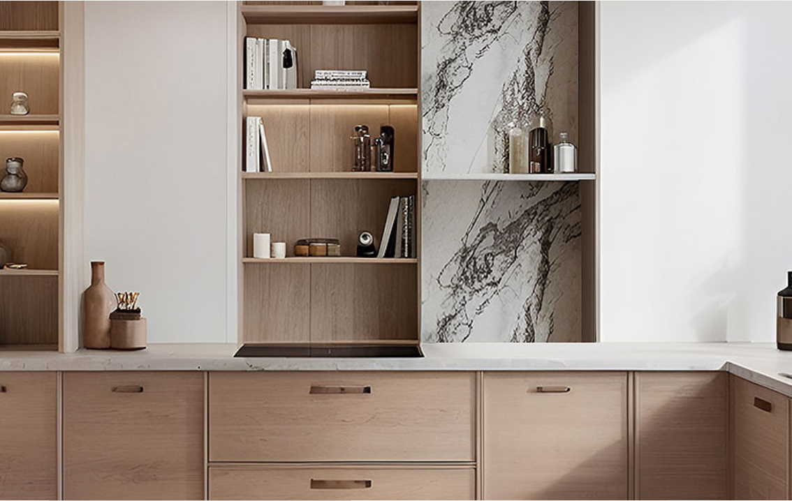 eco-friendly kitchen cabinets in a commercial kitchen, showcasing durability and easy maintenance for high-efficiency operations