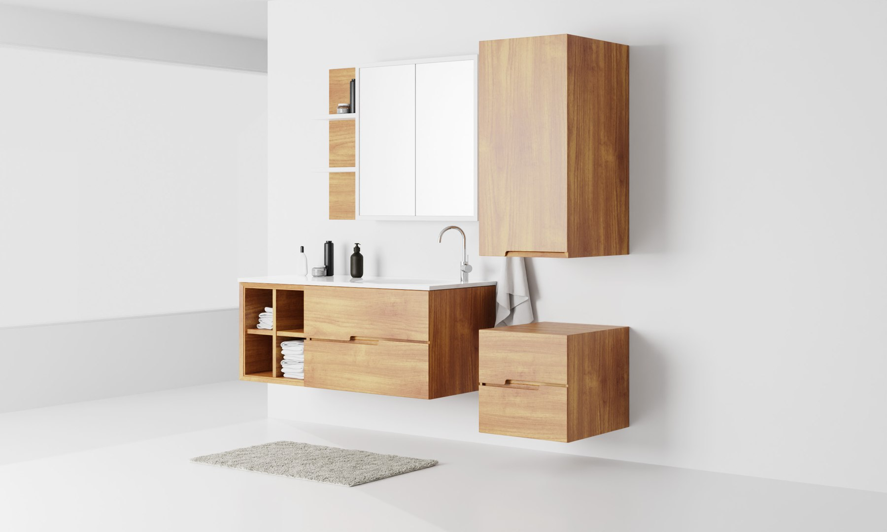 Bathroom vanity cabinet with drawers, cabinets and open towel storage