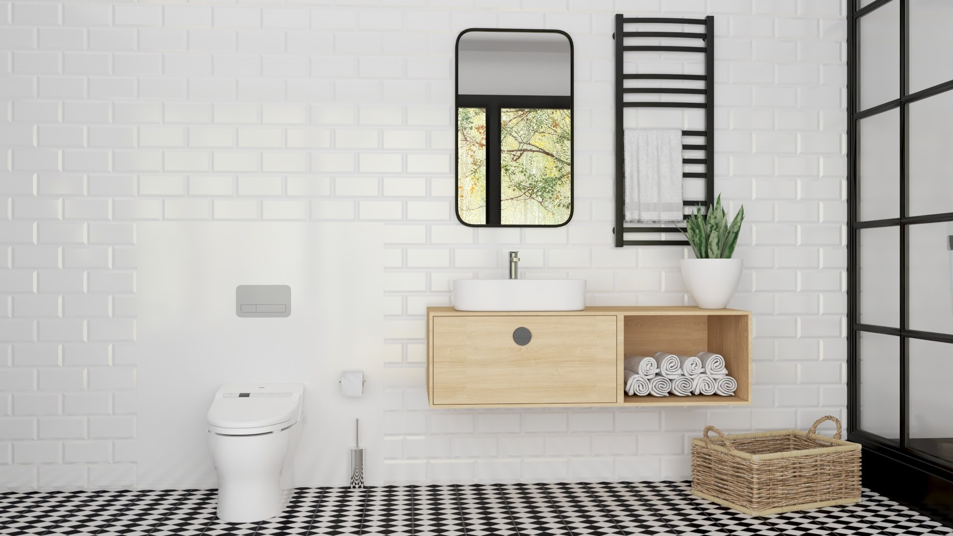 Freestanding-style bathroom vanity with open shelf storage
