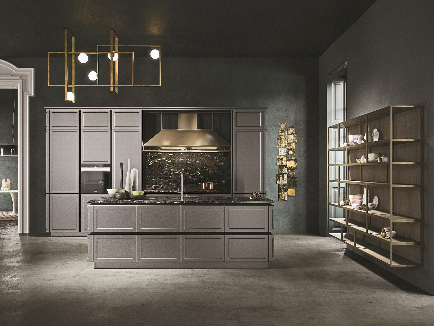Modular kitchen cabinet arrangement with island and wall storage