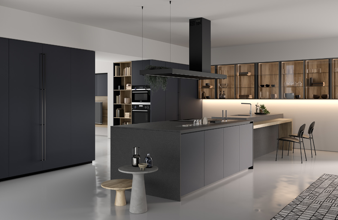Dramatic black glossy kitchen cabinets with illuminated displays and luxury island — ideal for high-end villa projects