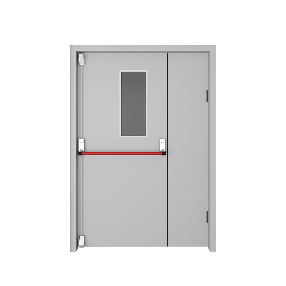 Standard size listed fire rated steel commercial door with push bar and glass